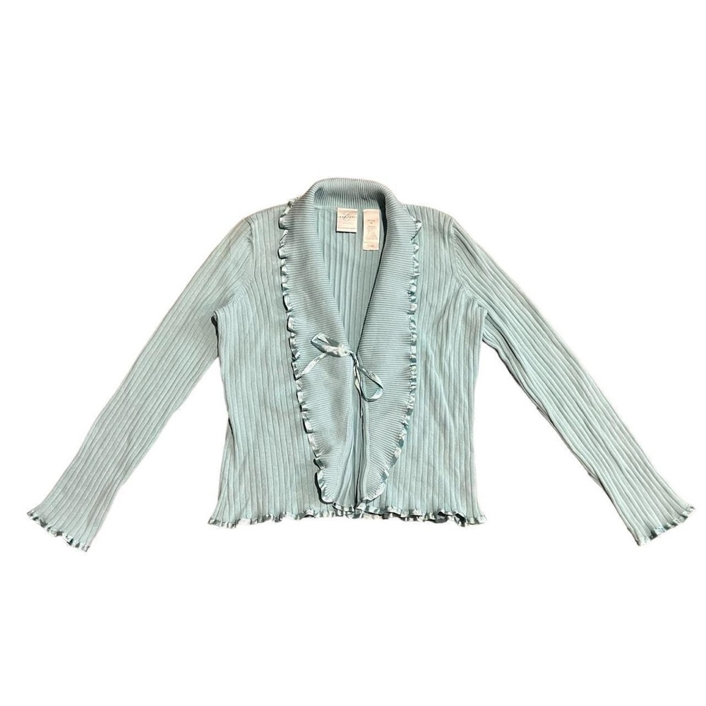 Emma James Women Lettuce Satin Hem Light Blue Tie Front Cardigan Sweater Size MP